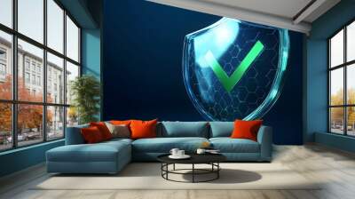 
Protection. Healthcare. Insurance. Cyber security. Network safety. Protection shield with green Check mark icon inside transparent sphere shield with hexagon pattern on blue background. Vector illust Wall mural