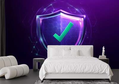 Protection. Healthcare. Insurance. Cyber security. Network safety. Protection shield with green Check mark icon inside transparent sphere shield with hexagon pattern on purple background. Vector illus Wall mural