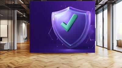 Protection. Healthcare. Insurance. Cyber security. Network safety. Protection shield with green Check mark icon inside transparent sphere shield with hexagon pattern on purple background. Vector illus Wall mural