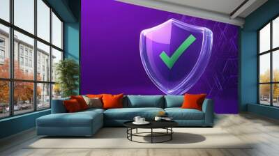 Protection. Healthcare. Insurance. Cyber security. Network safety. Protection shield with green Check mark icon inside transparent sphere shield with hexagon pattern on purple background. Vector illus Wall mural