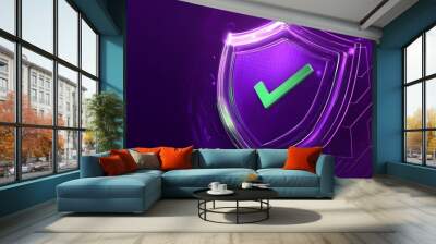 Protection. Healthcare. Insurance. Cyber security. Network safety. Protection shield with green Check mark icon inside transparent sphere shield with hexagon pattern on purple background. Vector illus Wall mural