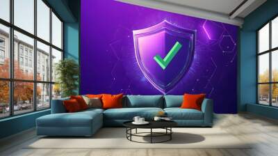 Protection. Healthcare. Insurance. Cyber security. Network safety. Protection shield with green Check mark icon inside transparent sphere shield with hexagon pattern on purple background. Vector illus Wall mural