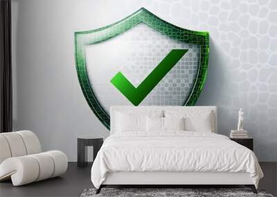 Protection. Healthcare. Insurance. Cyber security. Network safety. Protection shield with green Check mark icon inside transparent sphere shield with hexagon pattern on white background. Vector illust Wall mural