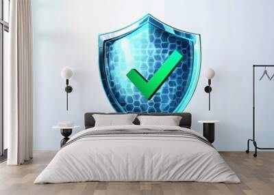 Protection. Healthcare. Insurance. Cyber security. Network safety. Protection shield with green Check mark icon inside transparent sphere shield with hexagon pattern on white background. Vector illust Wall mural