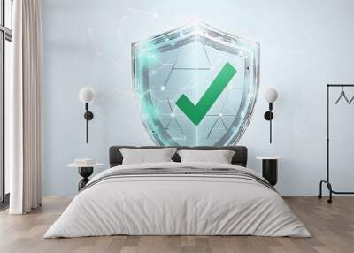 Protection. Healthcare. Insurance. Cyber security. Network safety. Protection shield with green Check mark icon inside transparent sphere shield with hexagon pattern on white background. Vector illust Wall mural