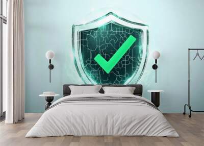 Protection. Healthcare. Insurance. Cyber security. Network safety. Protection shield with green Check mark icon inside transparent sphere shield with hexagon pattern on white background. Vector illust Wall mural