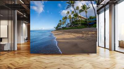 Early morning sunshine paints the lush palm trees and dense foliage on Ka'anapali Beach in Lahaina, Maui, Hawaii. Meanwhile, the calm azure surf tickles the shoreline and slowly erases the footprints  Wall mural