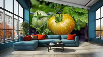 Two healthy, ripening tomatoes, covered in morning dew, are growing in a garden. Wall mural