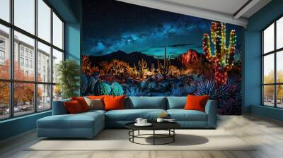 Saguaro cactus with Christmas lights in a colorful desert at night Wall mural