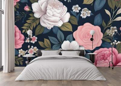 Vintage floral seamless pattern with pink and white roses, peonies, and other flowers on a dark background Wall mural