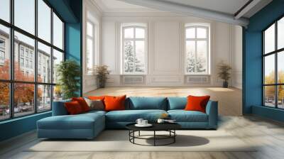 White empty scandinavian room interior with two large windows and classic wooden floor. Home interior design. 3d illustration. Wall mural