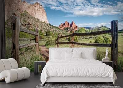 Wood fence frames a hiking trail which leads towards interesting rock formations in Garden of the Gods Park in Colorado Springs.
 Wall mural