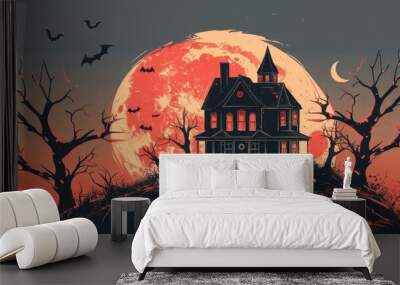 An old, spooky house on top of a hill with a full moon Wall mural