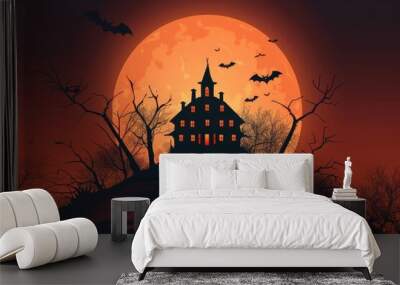 An old, spooky house on top of a hill with a full moon Wall mural