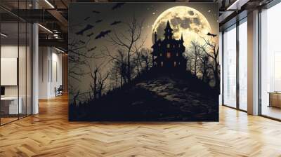 An old, spooky house on top of a hill with a full moon Wall mural