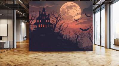 An old, spooky house on top of a hill with a full moon Wall mural