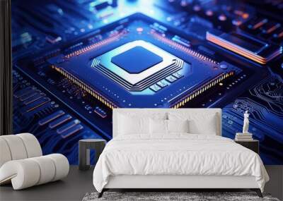 cpu computer chip on motherboard blue light theme Wall mural