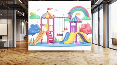  The child finds an enchanted playground with swings that reach the clouds and slides made of rainbows. They play joyfully, forgetting their worries. Wall mural