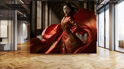 a beautiful women wearing traditional chinese red costume in front of the Forbidden City palace. Chinese wedding dress concept. Generative AI Wall mural