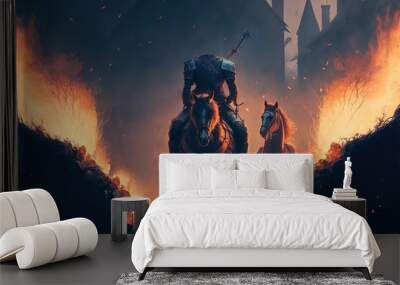 A black chaos knight. Riding horse. Flame. Medieval times. fantasy scenery. concept art. Wall mural