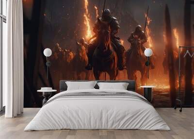 A black flaming chaos knight. Riding horse. Flame. Medieval times. fantasy scenery. concept art. Generative AI
 Wall mural