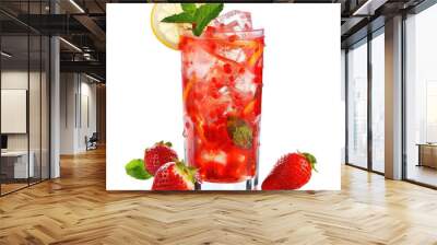 A glass of strawberry juice with a lemon wedge and mint leaves,isolated on white background or transparent background Wall mural