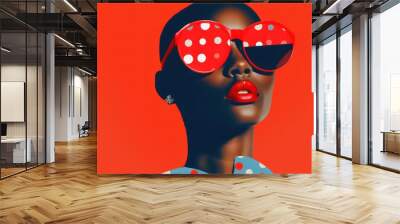 Abstract portraits of a black woman wearing glasses. with copy-space for text. surreal portrait with red background Wall mural