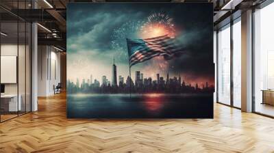 An american flag and fireworks. New york city on the background, generative ai Wall mural