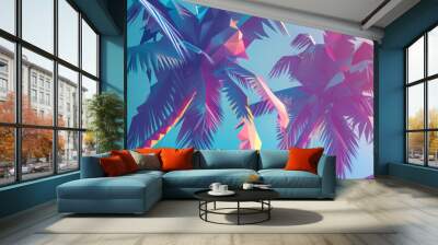 Bright neon landscape with sea and palm trees background. synthwave wallpaper style Wall mural