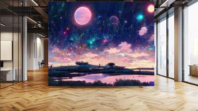 Cabin on the field under the starry night. fantasy scenary. concept art. Wall mural