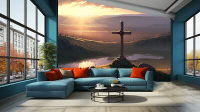 Christian cross. outdoors at sunrise. tomb at dawn. Generative Ai Wall mural