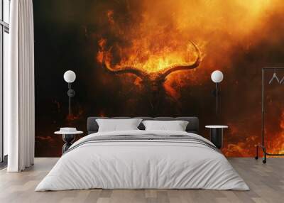 Fiery Demon Rising, A horned figure emerging from flames, symbolizing chaos and destruction, set against a dark, brooding fantasy landscape Wall mural