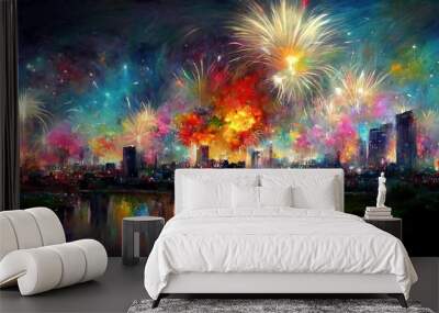 Firework over tokyo citi. concept art. Wall mural