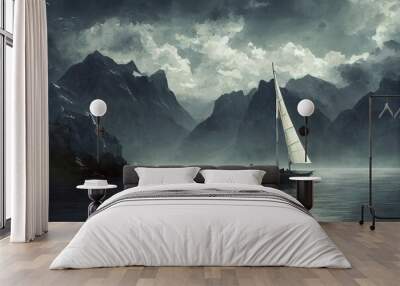 fjord and sailboat. Wall mural