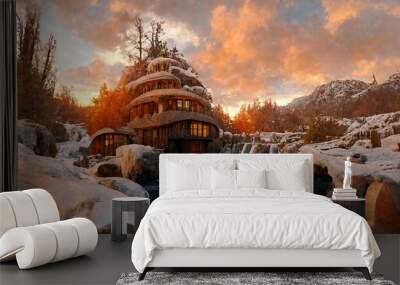 hut in the snow landscape. oncept art. illustration. fantasy scenery Wall mural