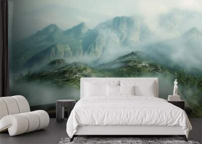 Open book page showcasing a mountain range, with small, misty clouds floating up from the peaks Wall mural