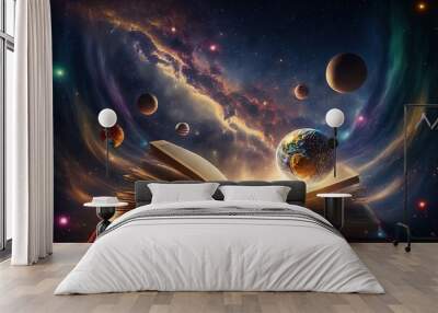 Open book revealing the solar system Wall mural