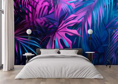 Palm leaf neon pink blue and purple, Background with tinted pink and blue palm leaves. Tropical leaves background. Colorful bright foliage Palm leaf wallpaper Wall mural