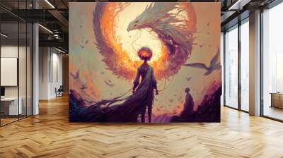 Person and Phoenix. Freedom. digital art style. Fantasy scenery. Concept art. Wall mural