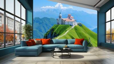 Serene mountain landscape with church in background, ideal travel destination with religious architecture and stunning nature. Wall mural