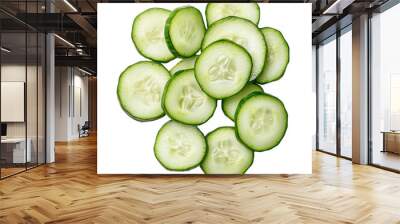 Sliced cucumber on white surface, vibrant green color, fresh texture, arranged neatly, showcasing its crispness and refreshing appeal, ideal for culinary presentations and healthy dishes. Wall mural