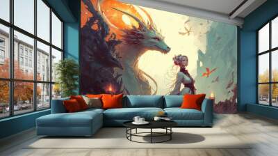 Woman and the dragon. Fiction. fantasy scenery. concept art. Wall mural