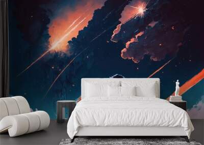 young couple watching the meteor shower Wall mural