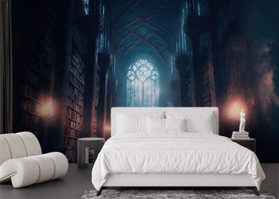 fantasy library in cozy cathedral environment. Generative AI Wall mural