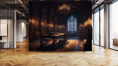 fantasy library in cozy cathedral environment. Generative AI Wall mural