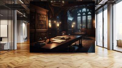 fantasy library in cozy cathedral environment. Generative AI Wall mural