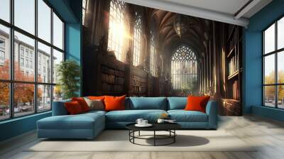 fantasy library in cozy cathedral environment. Generative AI Wall mural