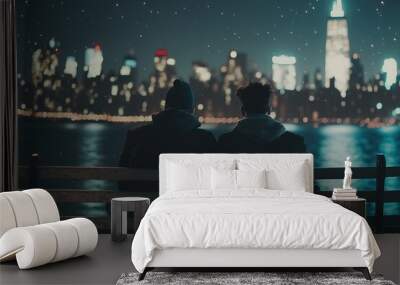 gay couple watching the fireworks. New york city as the background. Generative AI Wall mural