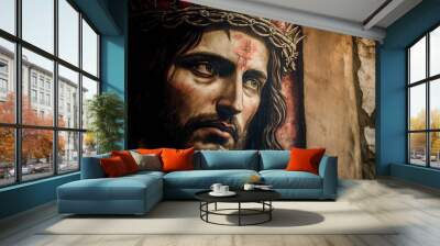 illustration of Jesus Christ in crown of thorns. AI generated  Wall mural