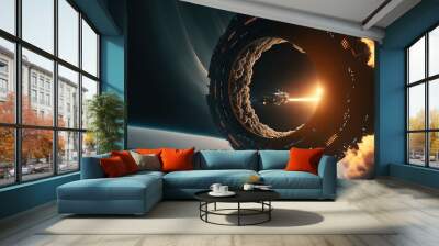 Spaceship trying to escape from blackhole. Movie scenery. Movie concept. Illustration. Generative AI Wall mural